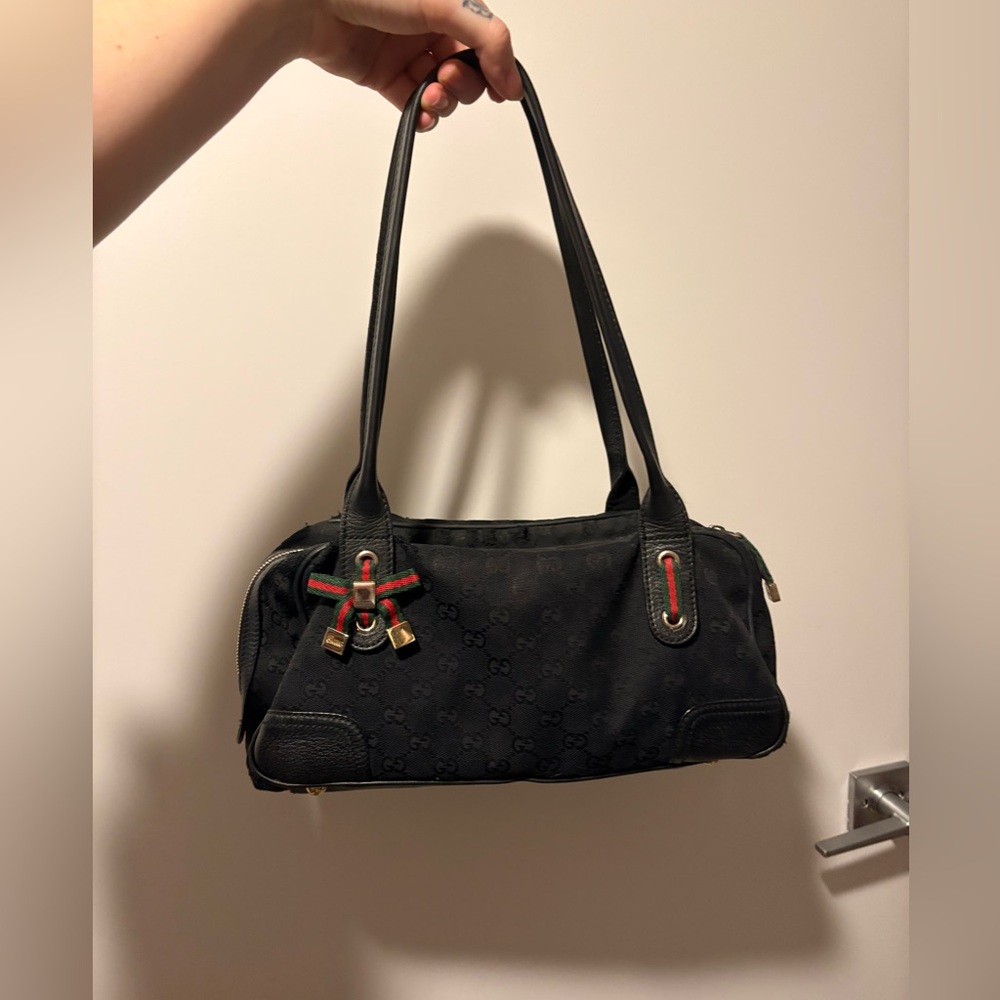 Authentic Gucci Black Shoulder Bag with Red and Green Accents